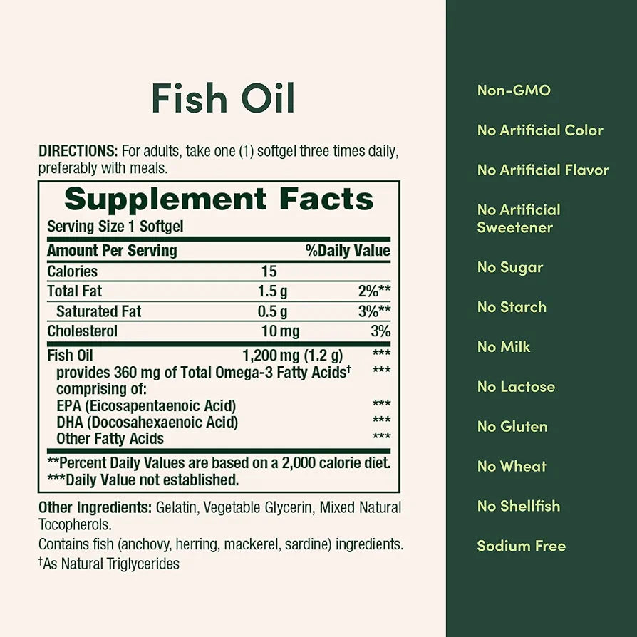 Nature's Bounty Fish Oil Omega 3 Supplements - Supports Heart Health, 1200 Mg Fish Oil, Omega-3, 200 Softgels