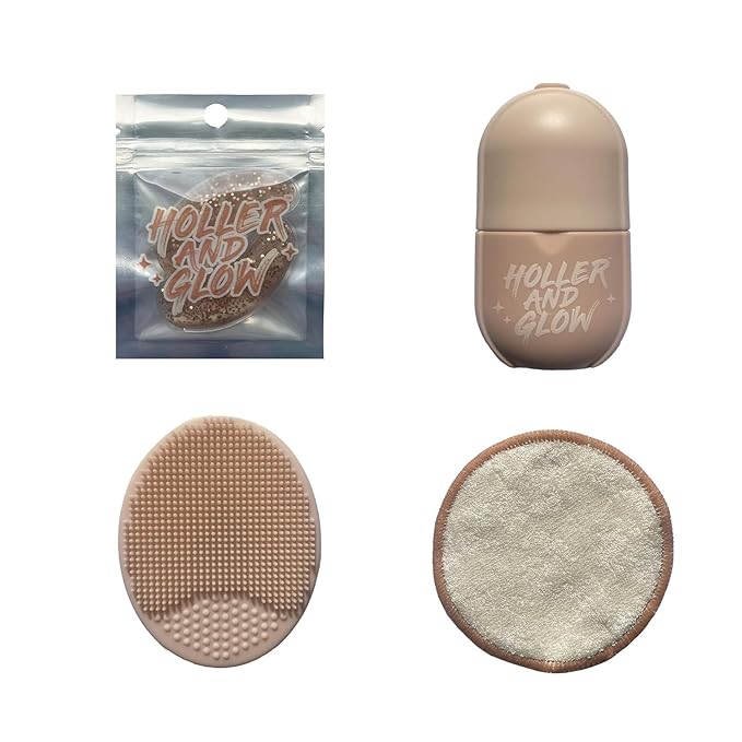 Holler & Glow Skin Basics Skincare Accessories, Limited Edition, Cooling Under Eye Masks, Puffiness Reducing Cryo Ice Roller, Reusable Makeup Remover Pad, Exfoliating Face Scrubber, 4 Piece Gift Set