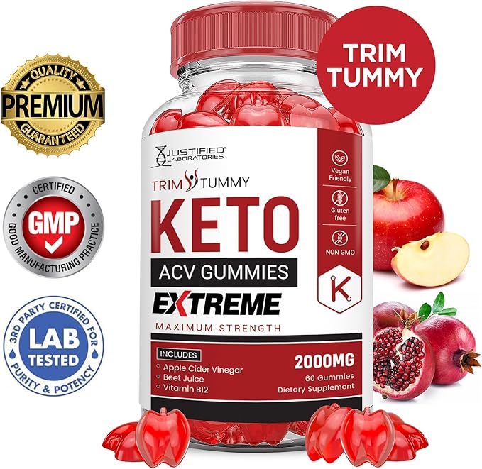 Trim Tummy Keto ACV Gummies Extreme 2000MG Trim Tummy Keto Gummies Apple Cider Vinegar Formulated with Pomegranate Beet Juice Powder B12 Vegan Non GMO 60 Gummys