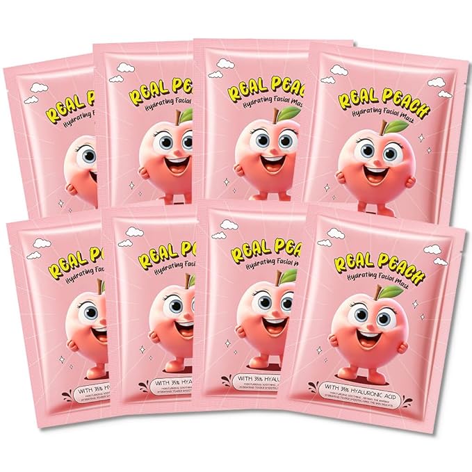 8 Pack Peach Fruit Face Mask,Pink Face Masks Spa Day kit Supplies for Teens Girls Women,Sheet Facial Mask Skincare for Kids Gifts Set,Hydrate Nourish Soothe for All Skin Types,Spa Party Favors