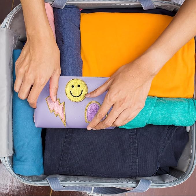 LieToi Preppy Patch Small Toiletry Bag, Smile Lightning Heart PU Leather Portable Waterproof Makeup Cosmetic Bag Daily Use Storage Purse Travel Organizer Compliant Bag for Women Girls (Taro Purple)