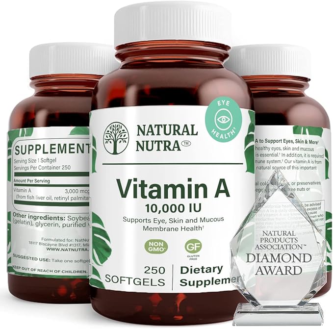 Natural Nutra Vitamin A 10,000 IU Softgels – High Potency Eye and Skin Vitamins – Gluten-Free Vitamin A Supplement for Sight & Skin Health – Fish Liver Oil for Men and Women, Gluten Free 250 Softgels