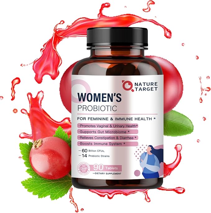 NATURE TARGET Probiotics-for-Women, Probiotics and Prebiotics, Cranberry and D-Mannose, 60-Billion-CFUs, Organic Probiotics for Digestive Health/Gut Health/Immune Booster, Women's Probiotics