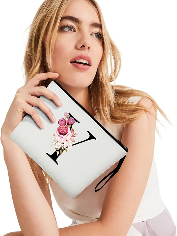 Vavabox A-Z Personalized Makeup Bag, Birthday Gifts for Women Mom, Gifts for Best Friend, Bride Bridesmaid Cosmetic bag (Y, White)