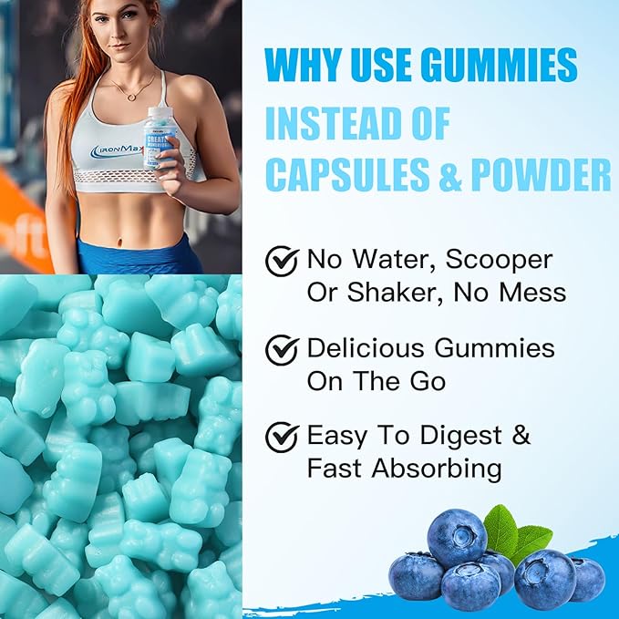 Creatine Monohydrate Gummies 5000mg for Men & Women, Chewables Creatine Monohydrate for Muscle Strength, Muscle Builder, Energy Boost, Pre-Workout Supplement(90 Count)-Blueberry