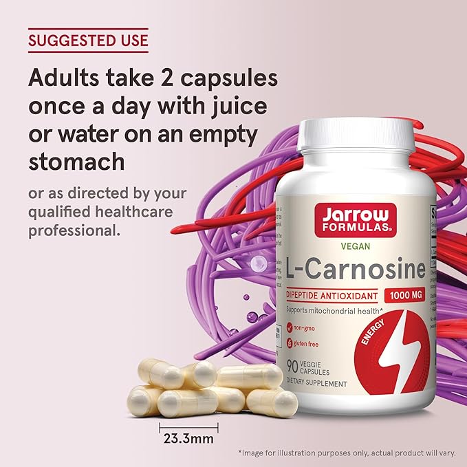 Jarrow Formulas L-Carnosine Dipeptide Antioxidant 1000 mg, Dietary Supplement, Antioxidant Support for Mitochondrial Health, 90 Veggie Capsules, Up to 45 Day Supply