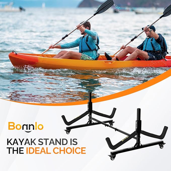 Bonnlo Kayak Stand Freestanding Storage Rack for Kayak Canoe Boat Paddle Board SUP Surfboard for Indoor Outdoor Garage, Shed, Dock with Lockable Wheels Wide Adjustable