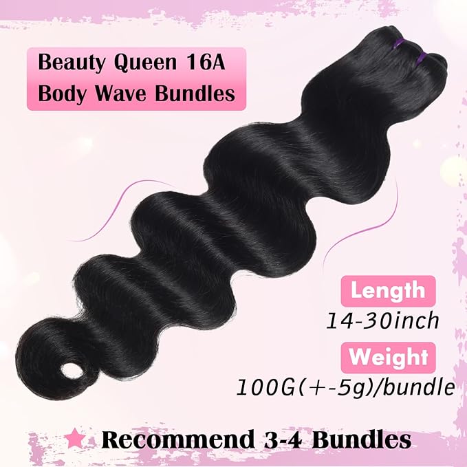 Beauty Queen 16A Body Wave Bundles Human Hair (22, 20, 18 Inch) 100% Unprocessed Virgin Remy Human Hair Full And Thick Quick Weave Hair Bundles Natural Color Hair Extensions