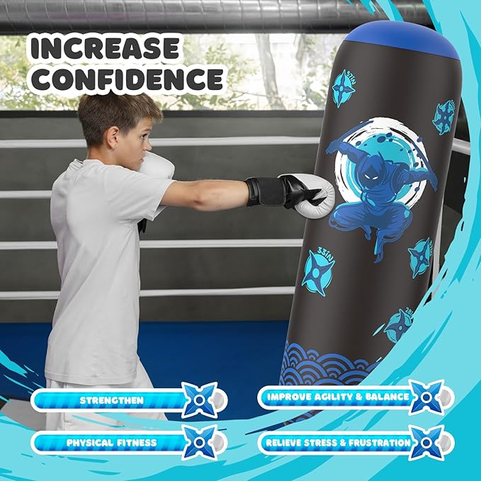 Punching Bag for Kids, Tall Larger 66’’ Inflatable Punching Bag Boxing Bag for Kids Teens, Punching Bag Set Toy with Gloves and Pump for Practicing Karate, Taekwondo