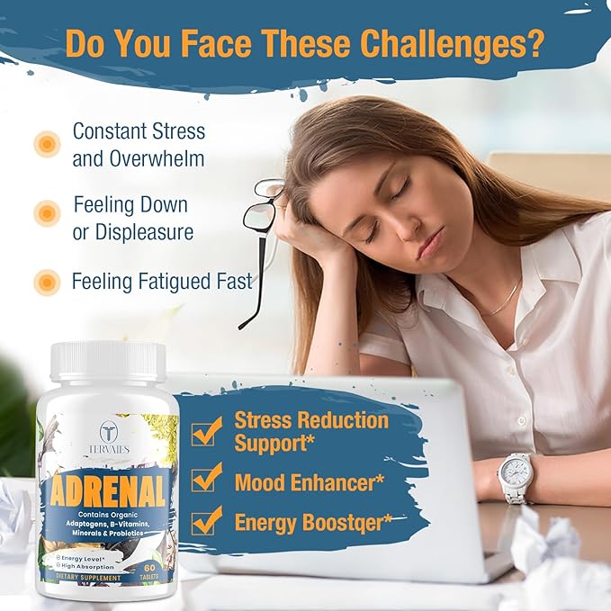 Adrenal Support Adaptogens Herbs Supplements - Cortisol Supplement with Rhodiola Rosea, Ashwagandha, Holy Basil and Eleuthero-Mood and Energy Support for Women & Men-Non-GMO, 120 Vegan Tablets