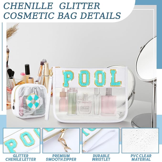 Hillban 2 Pcs Pool Bag Makeup Cosmetic Bag Clear Sunscreen Toiletry Zipper Pouch Beach Travel Summer Stuff Preppy Chenille Letter Patch Pouch PVC Waterproof Organizer Storage Mini Bogg Purse for Women