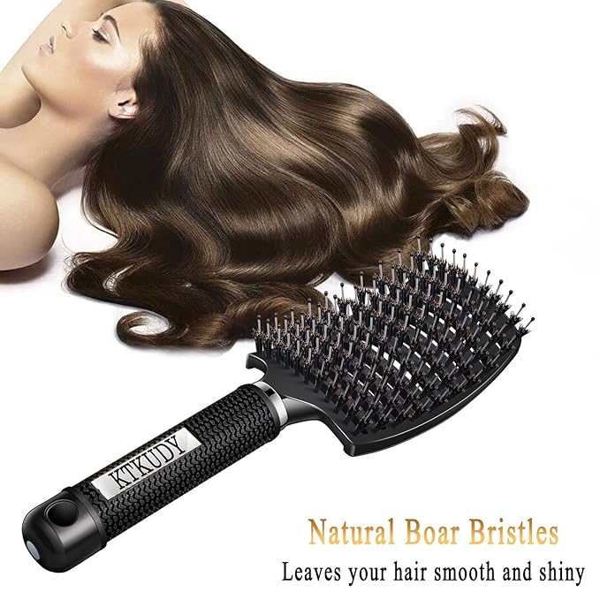 KTKUDY Detangling Brush Boar Bristles Hairbrush Make Hair Shiny & Healthier Curved and Vented Detangler Brush for Women Men Kids Wet & Dry Hair (Black)