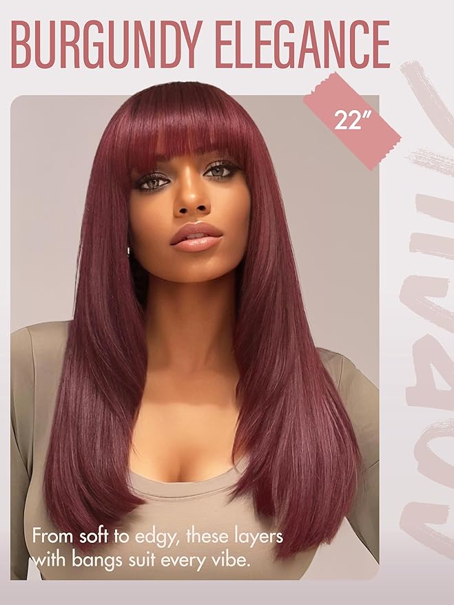 GORGIUS Straight Glueless Wig with Bangs Burgundy Red Layered Hair Ready-to-Go Synthetic Bang Wigs with Realistic Scalp 24 Inch