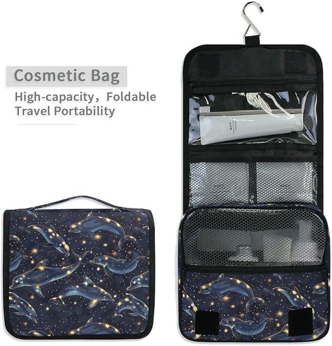 senya Hanging Travel Toiletry Bag Kit Boys Makeup Case Cosmetics Organizer for Men Women (Dolphin Starry Sky)