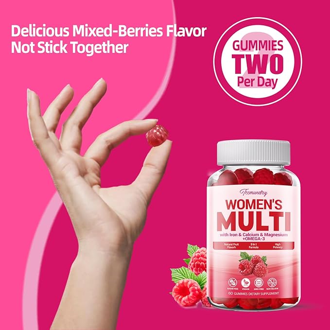 Sugar-Free Womens Multivitamin Gummies - High Absorption Multivitamin for Women Gummy with Omega-3, Astaxanthin, Calcium, Iron, Vitamin A, C, D3, K2, E, B6, B12 - Supports Skin, Hair, Energy, Immune