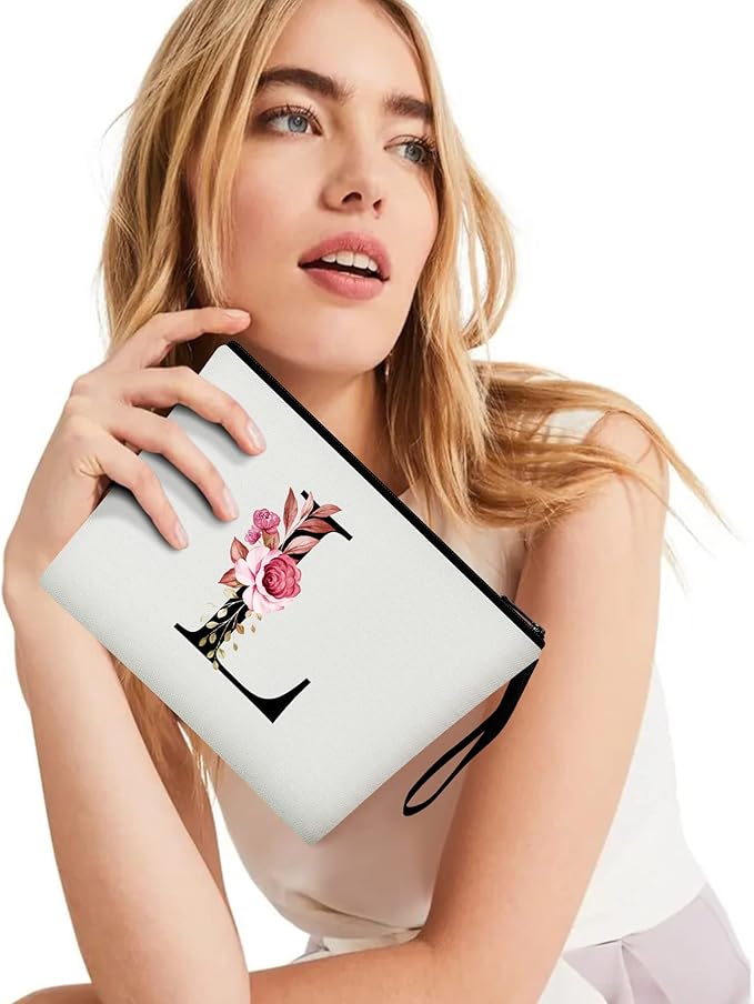 Vavabox A-Z Personalized Makeup Bag, Birthday Gifts for Women Mom, Gifts for Best Friend, Bride Bridesmaid Cosmetic bag (L, White)