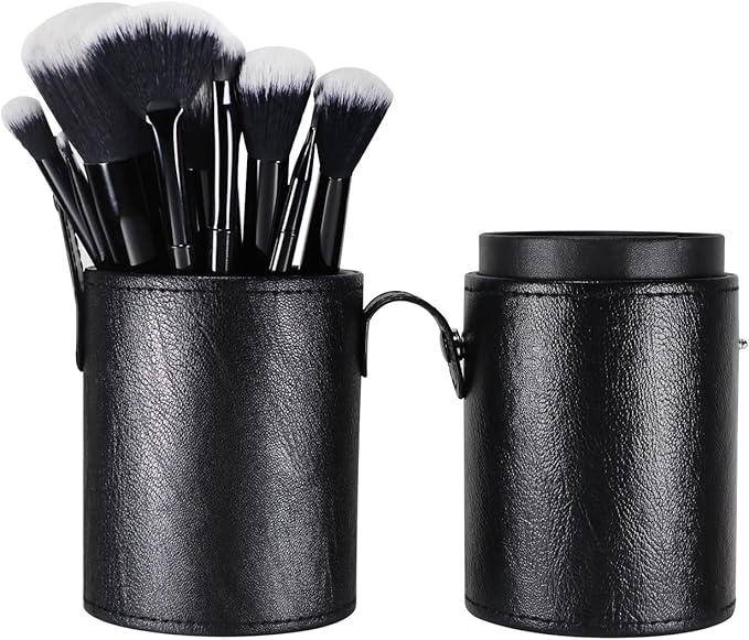 Portable Makeup Brush Case,Pu Leather Makeup Brush Holder with Button,Travel Cup Storage Dustproof Makeup Cosmetic Bags for Women (Black)