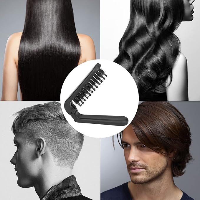 Ancable Travel Folding Hair Brush, Collapsable Portable Pocket Boar Bristle Hair Brush for Thin and Thick Hair, Mini HairBrush for Men Women Kids, Restores Shine, Black