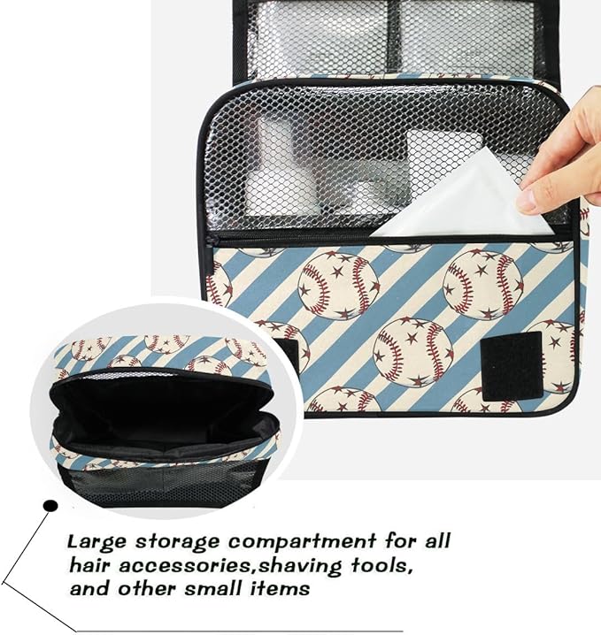 senya Hanging Travel Toiletry Bag Kit Boys Makeup Case Cosmetics Organizer for Men Women (Baseball Balls Star Blue Stipes)