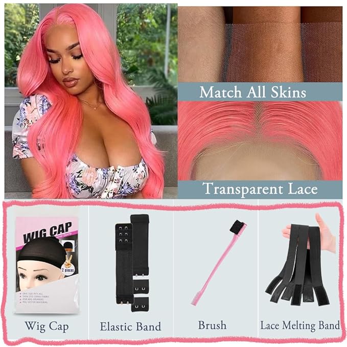 20 Inch Pink Lace Front Wig Human Hair 13x4 HD Lace Pink Body Wave Wig Human Hair Pre Plucked Colored Body Wave Wig Human Hair For Women 150% Density Strawberry Body Wave Lace Front Wig