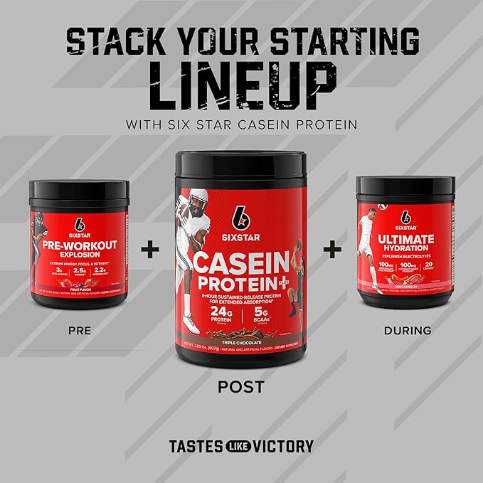 Six Star Casein Protein Powder Elite Casein Protein Powder Slow-Digesting Micellar Casein Protein Powder for Muscle Gain Triple Chocolate Protein Powder, 2 lbs (26 Servings) (Package May Vary)