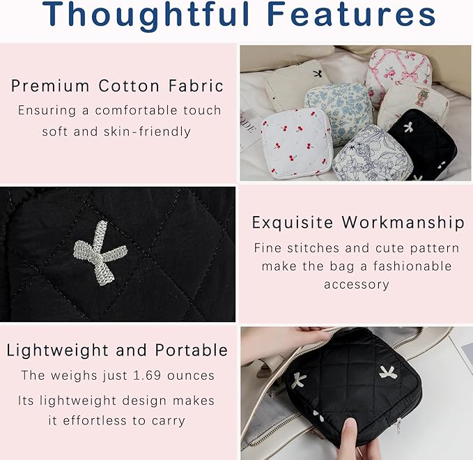 Small Quilted Cotton Makeup Bag for Purse, Cosmetic Bag with Compartments, Cotton Aesthetic Makeup Bag, Travel Toiletry Pouch, Key Pocket Lipstick Bag Card Holder Data Cable Organizer(05Black Bow)