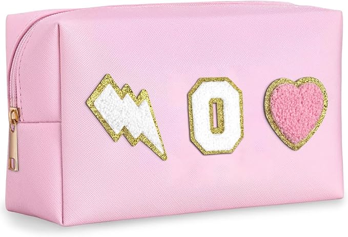TOPEAST Personalized Makeup Bag, Cute Stuff for Teen Girls, PU Leather Waterproof Toiletry Bag Skincare Bag, Preppy Travel Stuff for Girls, Pink O
