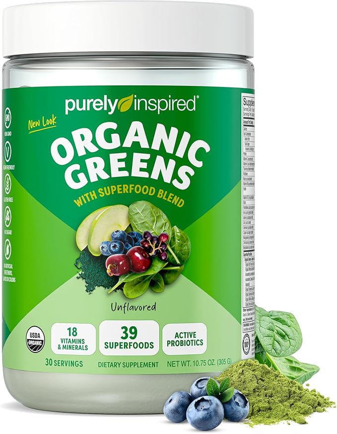 Purely Inspired Greens Powder Smoothie Mix Organic Greens Powder Superfood | Super Greens Powder Organic | Fruit + Veggie Superfood Powder | Green Smoothie Powder, 30 Servings (Package May Vary)