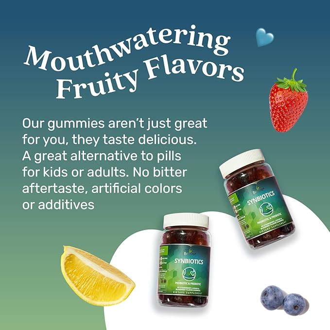 BeLive Synbiotics - Probiotic & Prebiotic Fiber Gummies – High Strength Inulin (3g), Dietary Fiber Supplement, Digestive Support for Kids & Adults - Strawberry, Lemon, Blueberry Flavor (60Ct)