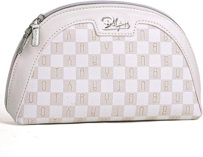 Small Makeup Bag for Purse Cosmetic Bag: Checkered Make up Bag for Women - Cute Preppy Skincare Bags for Evening - Waterproof Travel Pouch for Toiletry Organizer with Mirror & Zipper(024-White)