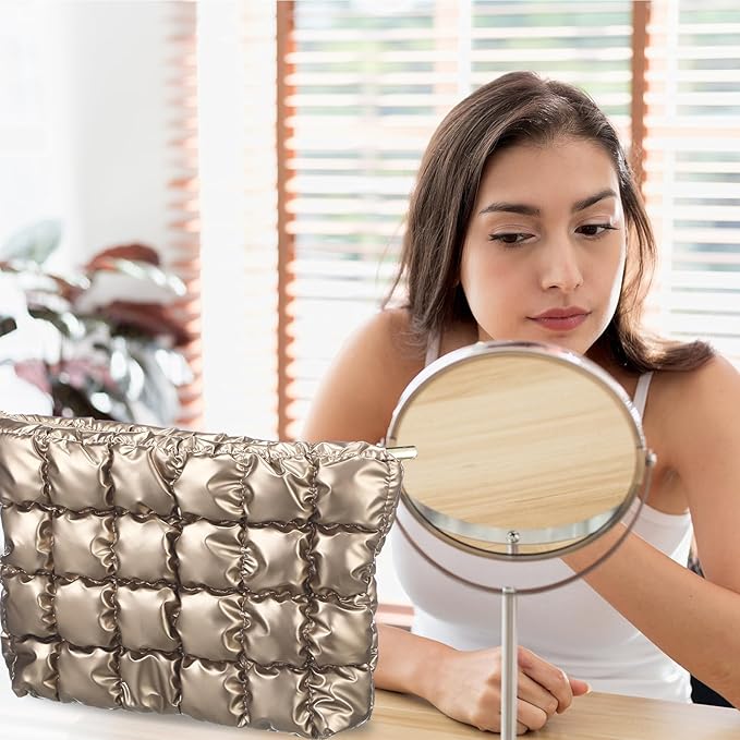 Hillban Puffy Quilted Makeup Bag Quilted Cosmetic Bag Cute Puffer Toiletry Checkered Pouch Aesthetic Travel Makeup Brushes Organizer(Champaign Gold,Classic)