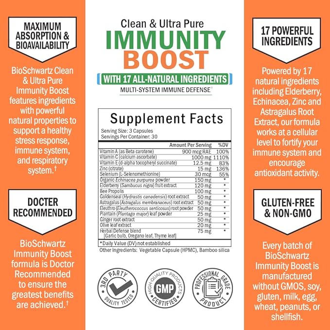 BioSchwartz Immune Support Supplement with Vitamin C 1000mg Zinc Elderberry Extract Ginger Bee Propolis Beta Carotenes, Immunity Boost for Adults, Immune Defense Antioxidant Vitamins, 90 Capsules
