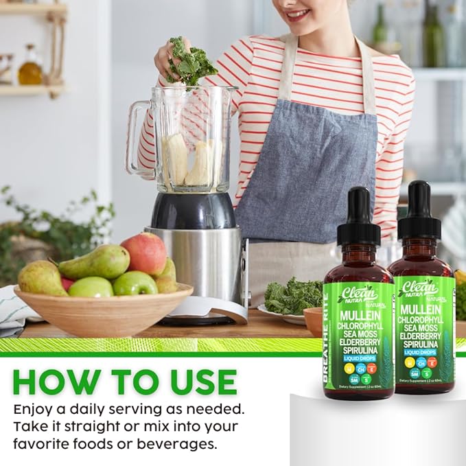 Organic Mullein Liquid Drops With Chlorophyll for Lung Detox Plus Irish Sea Moss, Spirulina, Licorice, Tart Cherry, Lobelia, Motherwort, And Elderberry For Men Women Health Supplement Vitamin
