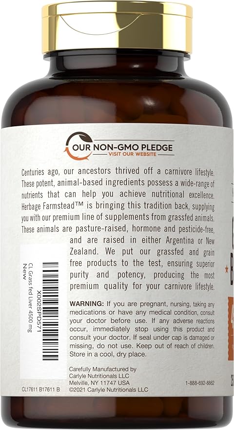 Carlyle Grass Fed Beef Liver Capsules 4500mg | 250 Count | Desiccated Supplement | Non-GMO, Gluten Free | by Herbage Farmstead