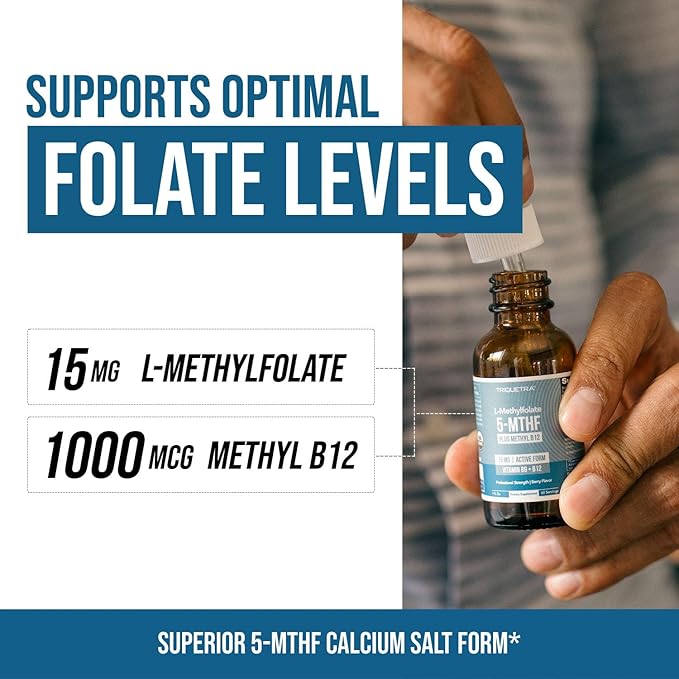 L Methyl Folate 15mg Plus Methyl B12 Cofactor – Organic, Berry Flavor, Professional Strength, Liquid Sublingual, Active 5-MTHF Form - Supports Mood, Homocysteine Methylation, Cognition (1oz)
