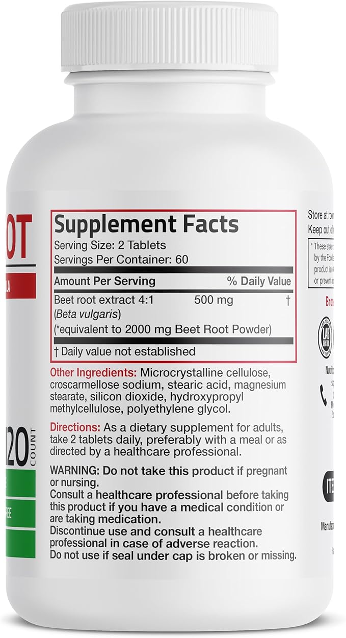 Bronson Beet Root Extra Strength (Equivalent to 2000mg Beet Root per Serving from 500mg 4:1 Extract), Non-GMO, 120 Vegetarian Tablets