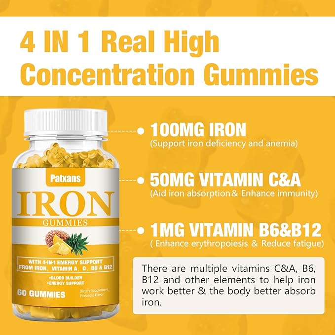 1 Pack 100MG Iron Supplement Gummies for Women & Men - with Vitamin A, C, B - Blood Builder & Energy Support for Iron Deficiency, Anemia, Adults & Children, Vegan, Pineapple Flavor Gummy, 60ct