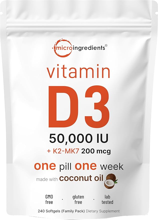 Micro Ingredients Vitamin D3 50,000 IU + K2 MK-7 200 mcg, 240 Softgels | Virgin Coconut Oil | 2-in-1 Bone, Immune & Heart Support | Easy to Swallow, Non-GMO