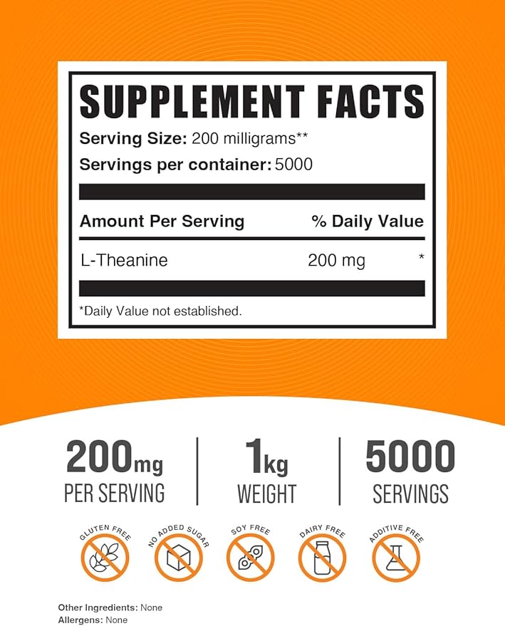BulkSupplements.com L-Theanine Powder - L-Theanine Supplement, L-Theanine 200mg - Amino Amino Supplement, Pure & Gluten Free, 200mg per Serving, 1kg (2.2 lbs) (Pack of 1)