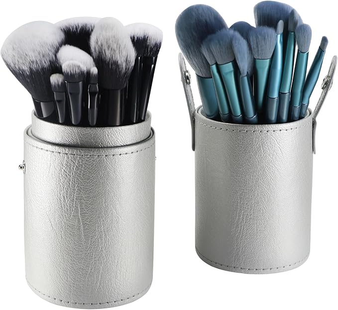 Portable Makeup Brush Case,Pu Leather Makeup Brush Holder with Button,Travel Cup Storage Dustproof Makeup Cosmetic Bags for Women (Silver)