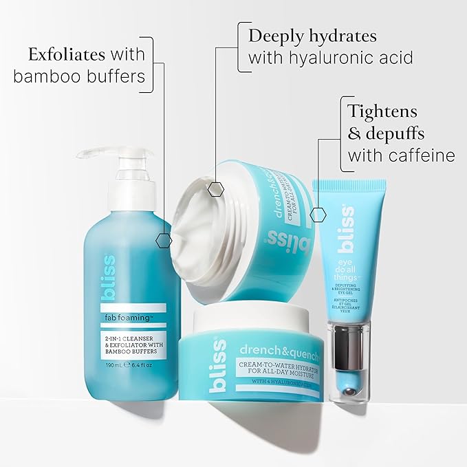 Bliss Skincare Essentials Skincare Kit - Eye Do All Things Hydrating Eye Gel, Drench & Quench Hyaluronic Acid Face Moisturizer & 2-in-1 Foaming Facial Cleanser and Exfoliator