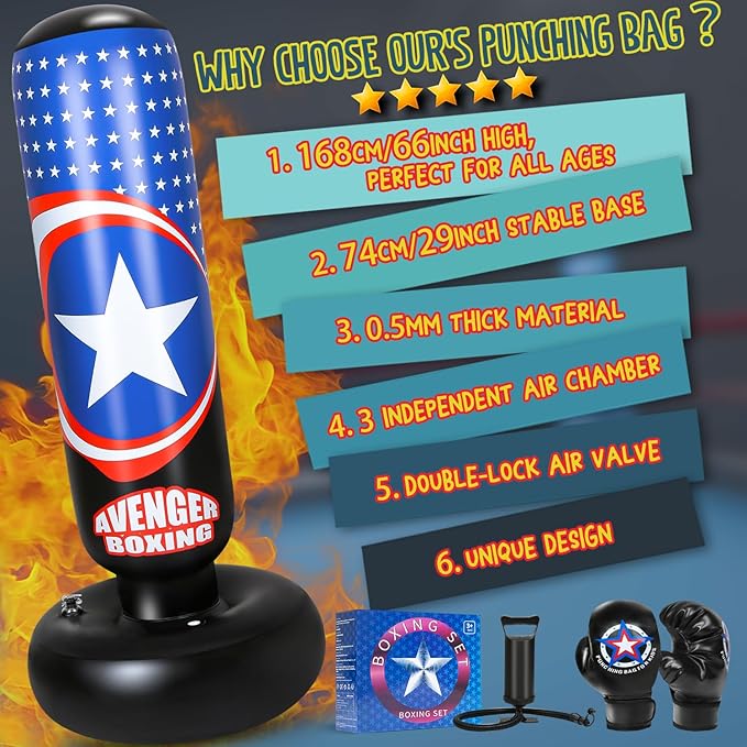Punching Bag for Kids, 66 Inch Larger Kids Boxing Bag with Gloves, All Star Inflatable Punching Bag for Kids Boxing, Karate, Gifts for Boys Age 3-12