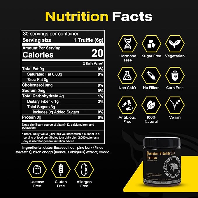 Olympian Vitality Truffles | Natural Gut Health Dessert & Gut Detox Supplement + Sleep Support | Humic & Fulvic Acid Organic Pure Cacao & Date | Non GMO & Organic | Spartan Bee Bread Brand