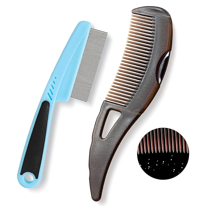 Dandruff Comb, Stainless Steel Fine Tooth Lice/Flea/Psoriasis Comb, Scalp Oil Buildup Removal Wide Hollow Tooth Button Hairbrush for Scalp Massage Care for Man Women and Kids (Blue)