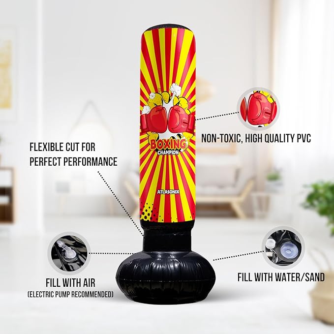 Inflatable Boxing Toy for Boys Age 4-8-12, Standing Kick Dummy, Karate Taekwondo Equipment, Fun Active Game, Birthday Party for Kids, Durable Punch Box Set