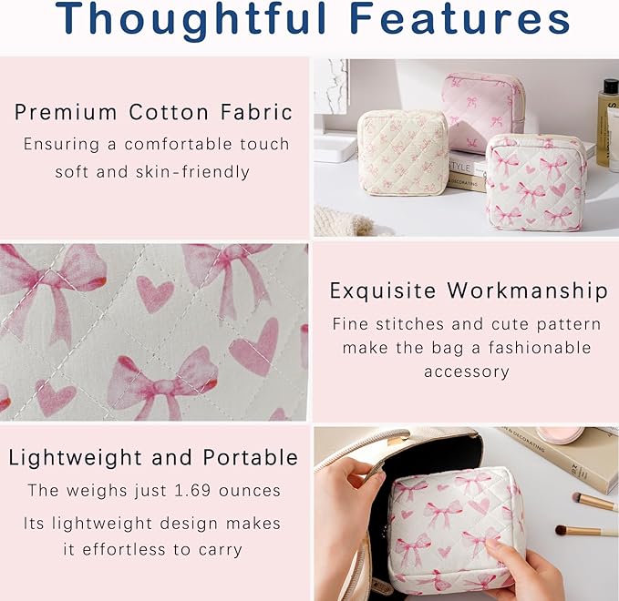 Small Quilted Cotton Makeup Bag for Purse, Cosmetic Bag with Compartments, Cotton Aesthetic Makeup Bag, Travel Toiletry Pouch, Lipstick Bag Card Holder Data Cable Organizer (12Heart Bow)