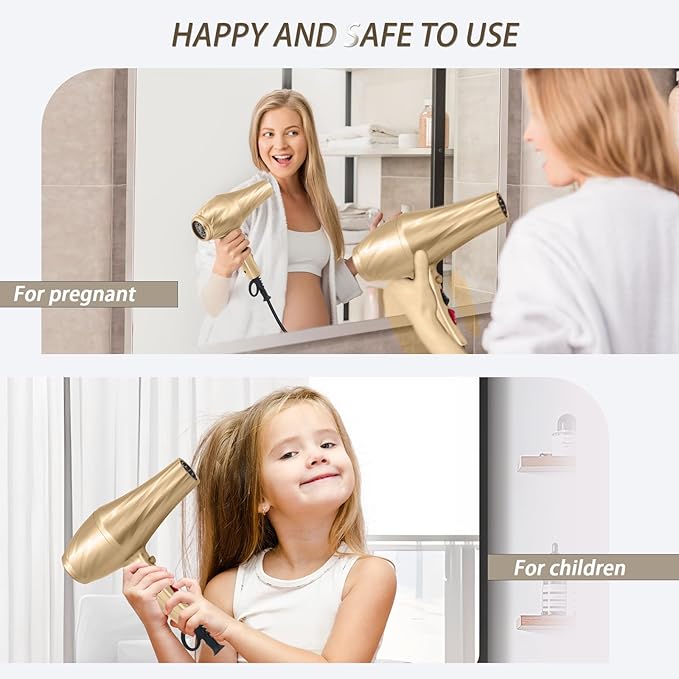 Ionic Hair Dryer,2400W Negative Ion Low Noise Hair Dryer Professional Fast Drying Hair Dryer with 2 Speeds, 3 Heat Settings, Cooling Button,with Diffuser for Curly and Straight Hair(Champagne Gold)
