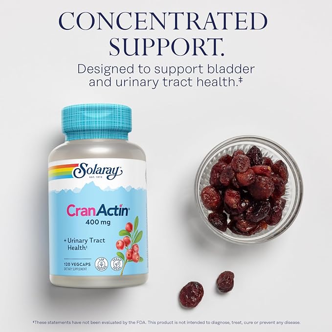 SOLARAY CranActin Cranberry Extract 400 mg - Cranberry Supplements for Women and Men - Bladder and Urinary Tract Health Support with Vitamin C - Vegan, 60-Day Guarantee, 120 Servings, 120 VegCaps