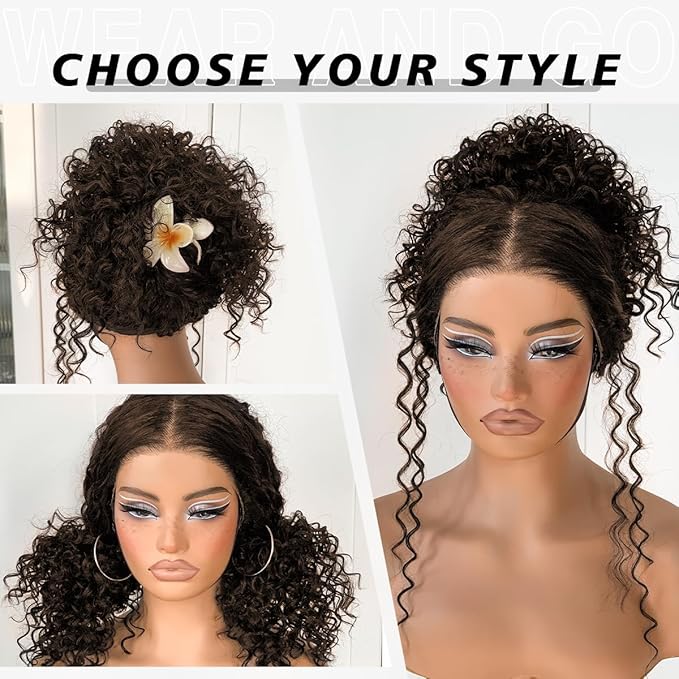 Wear And Go Glueless Curly Wig Pre-Plucked Synthetic Brown Wig Pre-Cut HD Lace Frontal Wig 13x6 Chocolate Brown Afro Kinky Curly With Layer