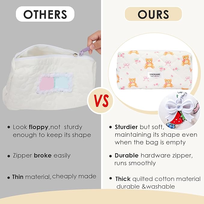 Cute Quilted Makeup Bag Pencil Pouch, Handmade Bow Floral Aesthetic Cosmetic Pencil Case Toiletry Brushes Organizer Bag for Women, Bear Core